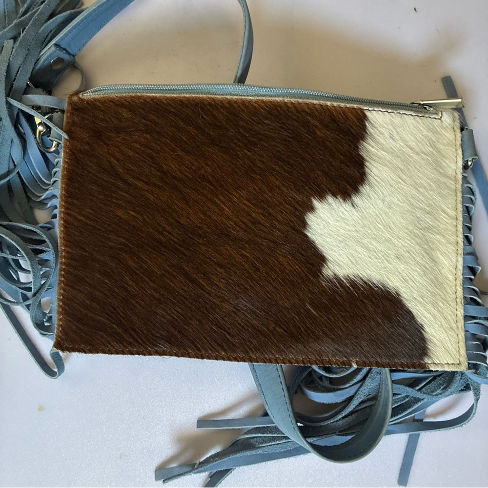 Western Linens-HairOnHide Fringe Crossbody Powder Blue Homestead Coastal Cowgirl - Picture 12 of 14